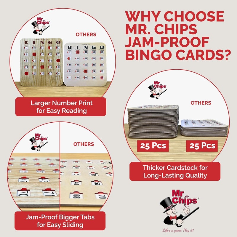 Mr Chips Jam-Proof Fingertip Slide Bingo Cards with Sliding Windows 10 Pack in Tan Style - Image 2